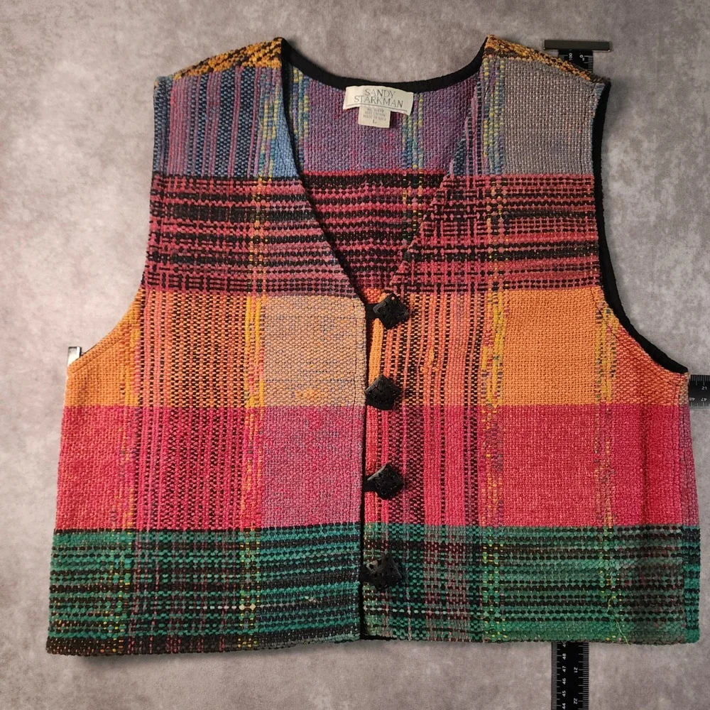 Vintage Sandy Starkman Patchwork Woven Vest L Cotton Art to Wear Boho
